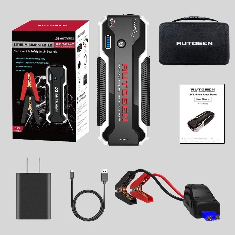 Arrancador AUTOGEN Arrancador de Coches 4000A 27000mAh(10.0L Gas & Diesel), Arrancador Batería Coche 12V, USB QC 3.0, Paquete de energía portátil para automóviles, SUV, Camiones.